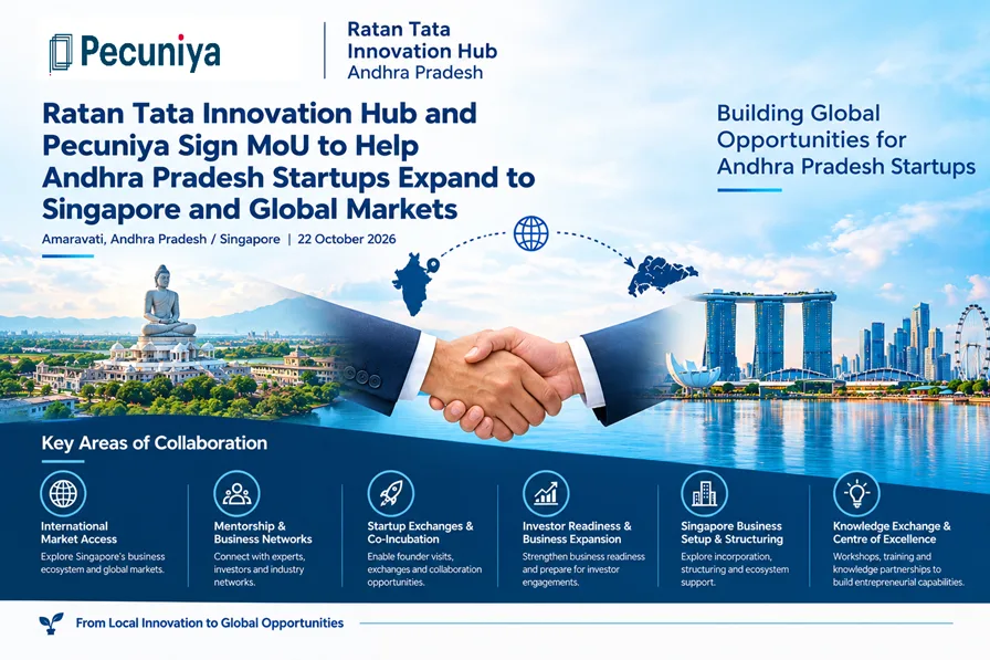 Pecuniya and Ratan Tata Innovation Hub MoU to support Andhra Pradesh startups exploring Singapore and global markets.